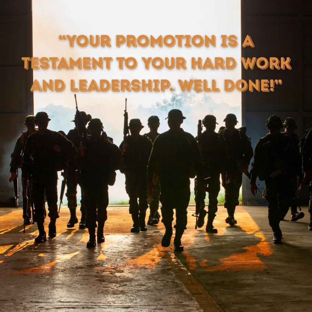 200+ Best Congratulations Messages Military Promotion - The Best wishes | Motivational Wallpaper Silhouetted soldiers march forward in dim light from a hangar, conveying determination. Overlayed text: "Your promotion is a testament to your hard work and leadership. Well done!"