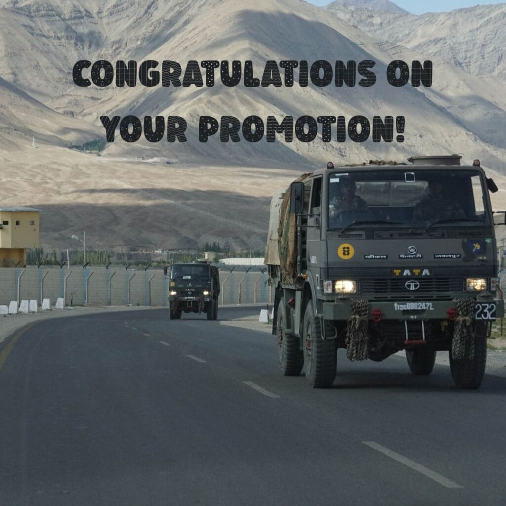 200+ Best Congratulations Messages Military Promotion - The Best wishes | Motivational Wallpaper Military trucks drive on a mountain road with "Congratulations on your promotion!" written above. The scene conveys a sense of achievement.