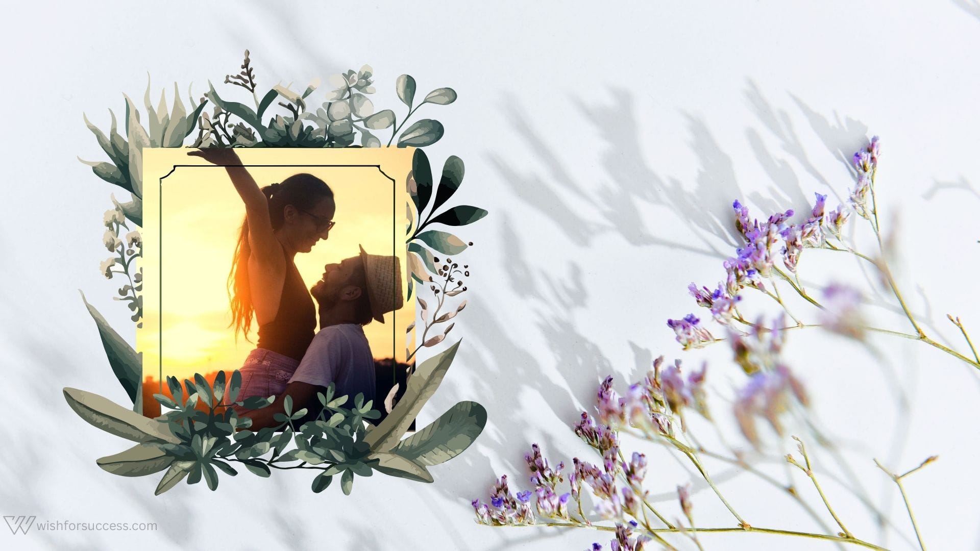 happy anniversary wishes for couples (5) A couple smiles at sunset, framed by lush green leaves and flowers. Bright, delicate purple flowers cast soft shadows on a white background. Romantic, serene.