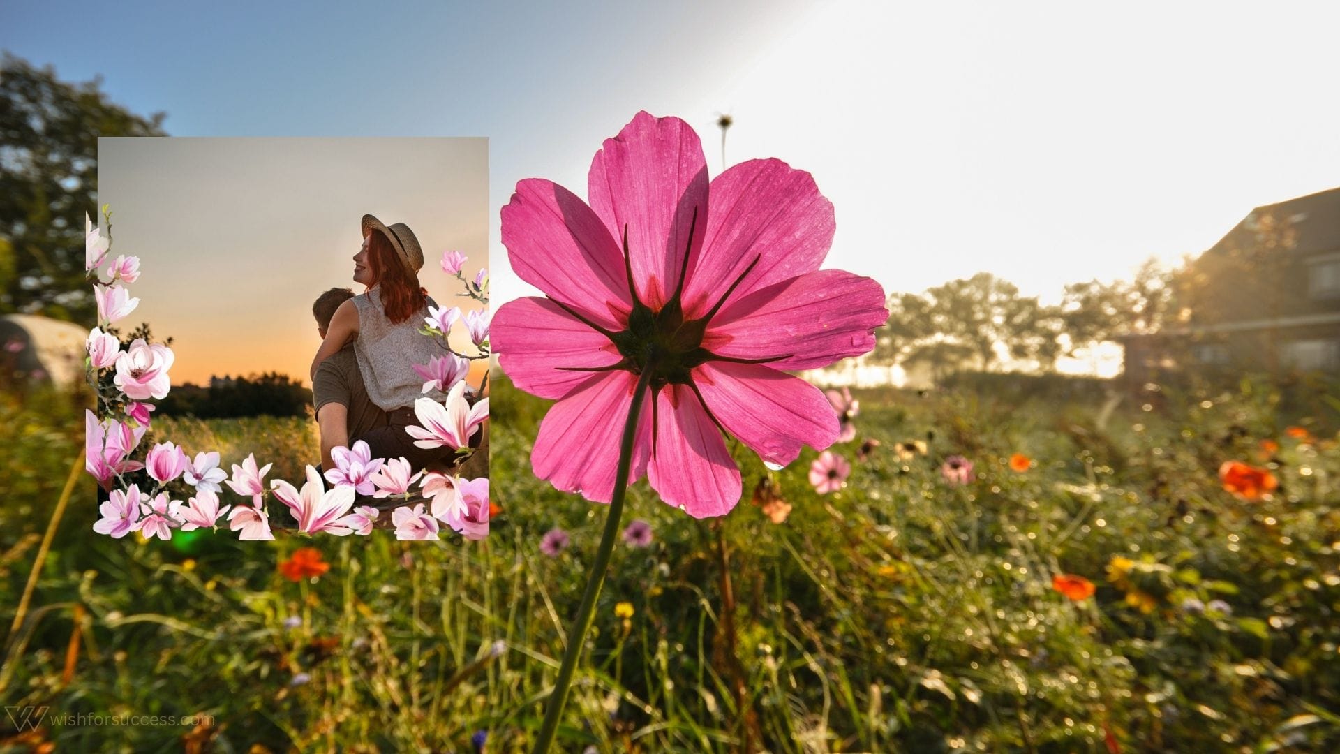happy anniversary wishes for couples (6) Close-up of a vibrant pink flower in a sunny field. Inset photo of a couple at sunset, surrounded by pink floral borders; conveys warmth and romance.