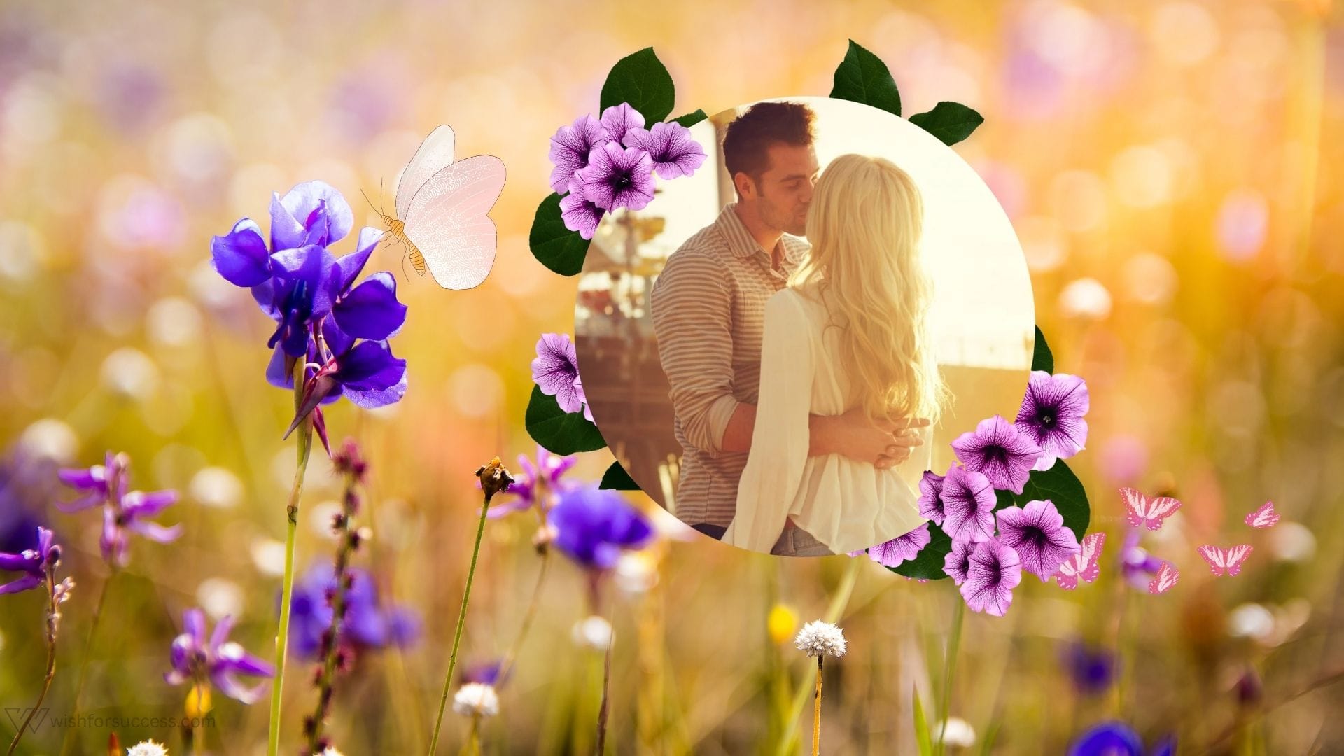happy anniversary wishes for couples (7) Romantic scene with a couple embracing in a field of purple flowers and fluttering butterflies. Warm, golden light creates a dreamy, loving mood.