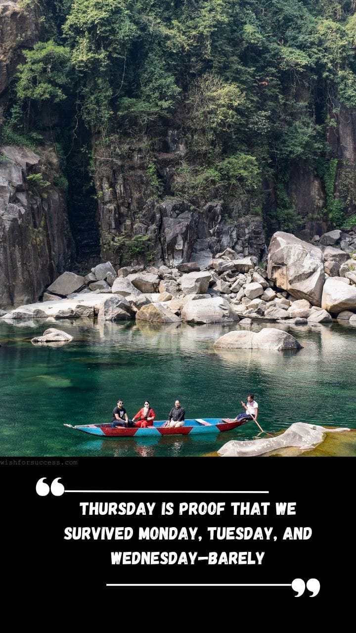 Best Positive Thinking Thursday Motivational Quotes Images Free Download | Motivational Wallpaper A group of four people paddle a canoe on a clear, green river surrounded by rocky cliffs and lush trees. The scene feels serene and adventurous.